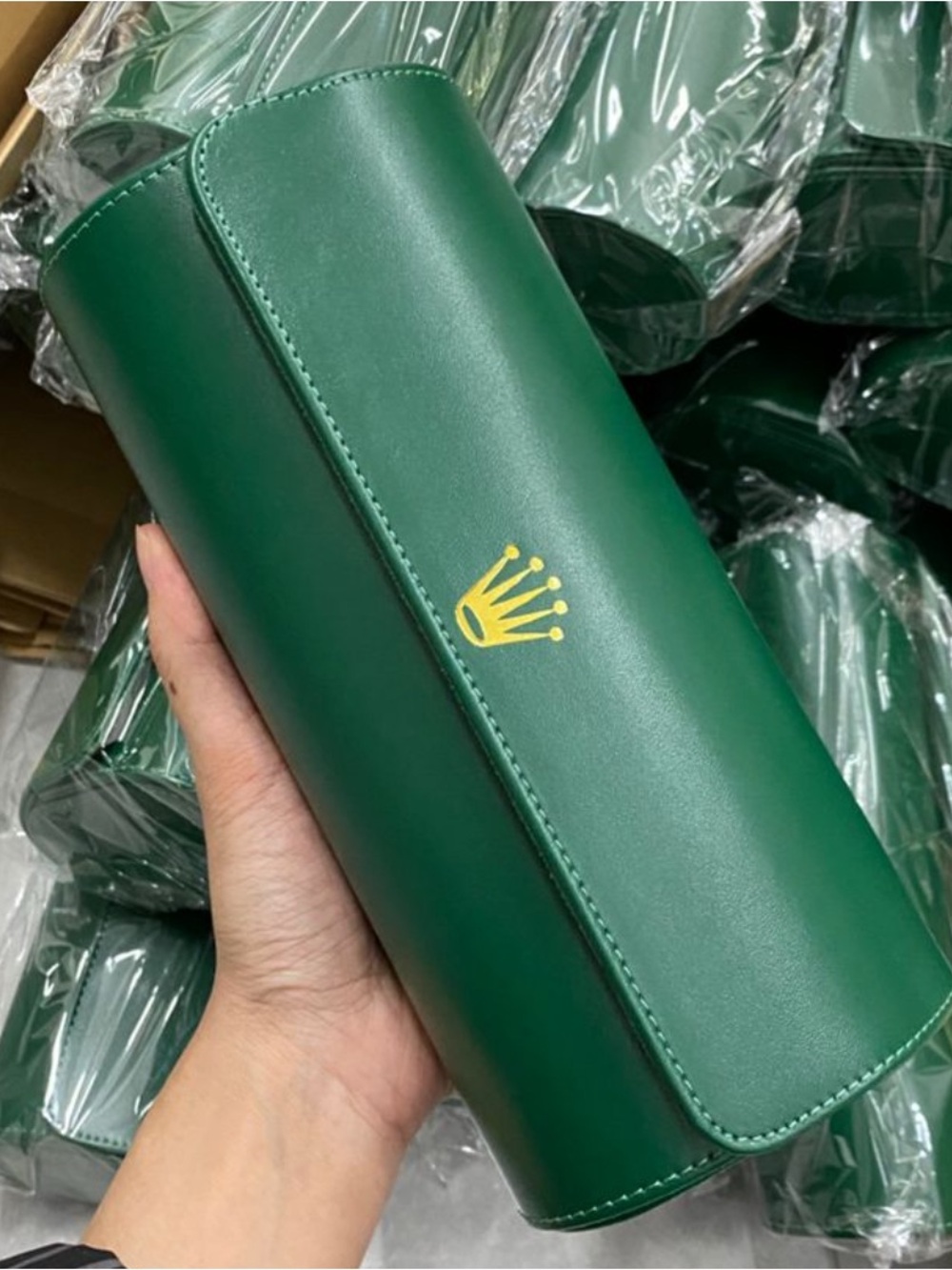 Luxury Green Leather Watch Roll with Gold Emblem for 3 Watches